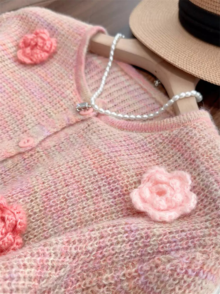 Sweet Floral Knit Cropped Cardigan with Drawstring Detail