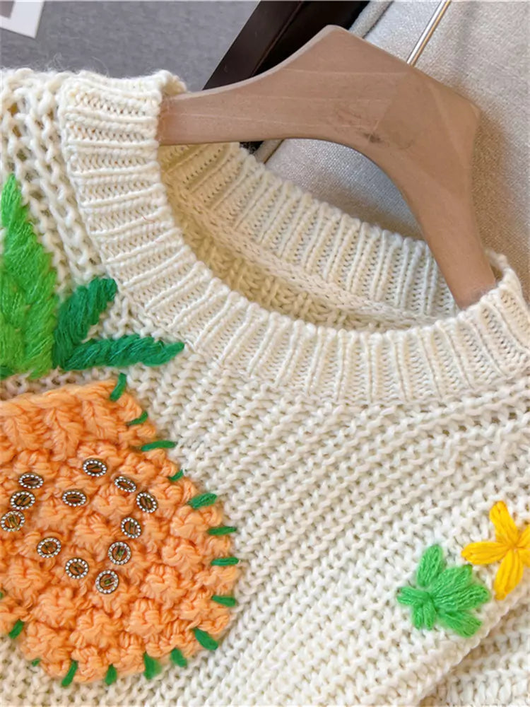 Schicker, bestickter, kurzer Strickpullover mit Ananas-Motiv für Damen