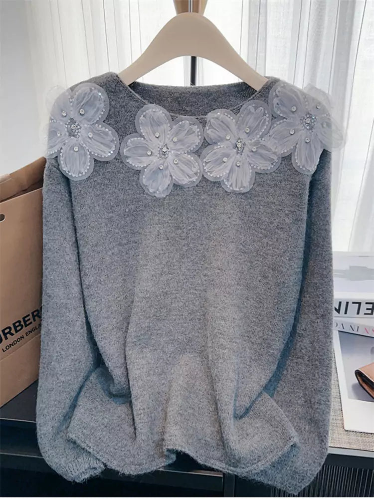 Sweet Beaded and Sequined Floral Knit Sweater