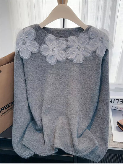 Suéter de punto floral con cuentas y lentejuelas