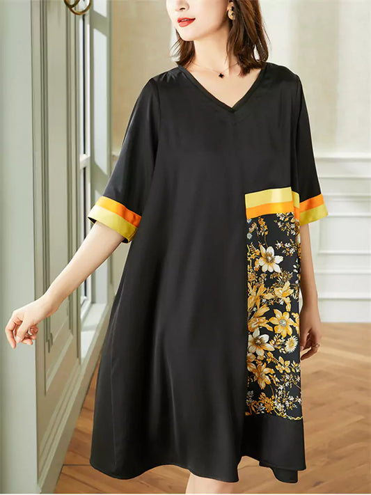 Elegantes Plus-Size-Kleid in A-Linie mit V-Ausschnitt, 3/4-Ärmeln, Satin-Print und Patchwork-Schnitt