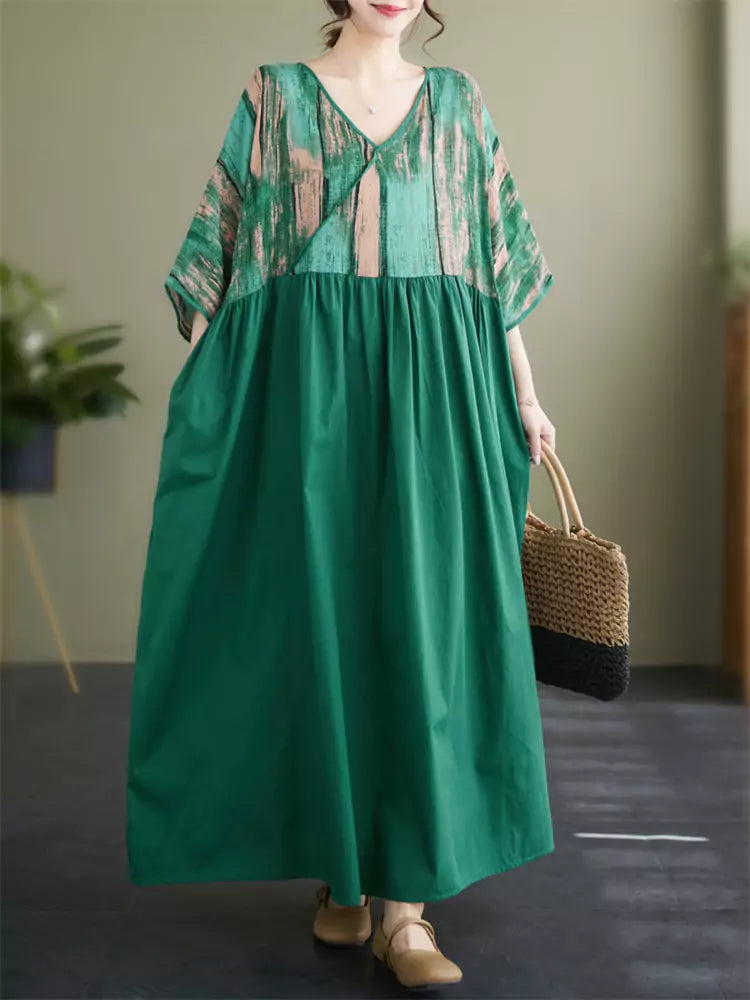 Vintage Print Patchwork Cotton Linen Dress with V-Neck