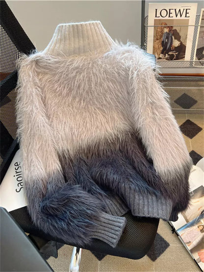 Cárdigan de punto con cuello alto y bloques de color elegantes con detalle de piel sintética de visón