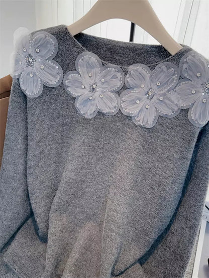 Suéter de punto floral con cuentas y lentejuelas