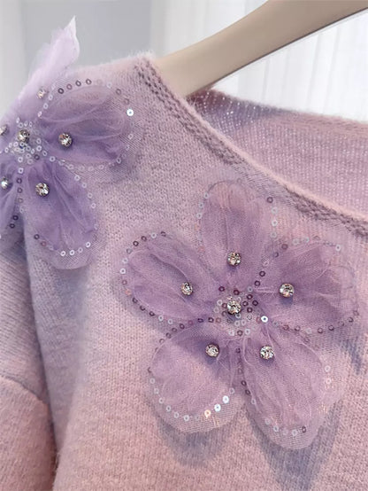 Suéter de punto floral con cuentas y lentejuelas