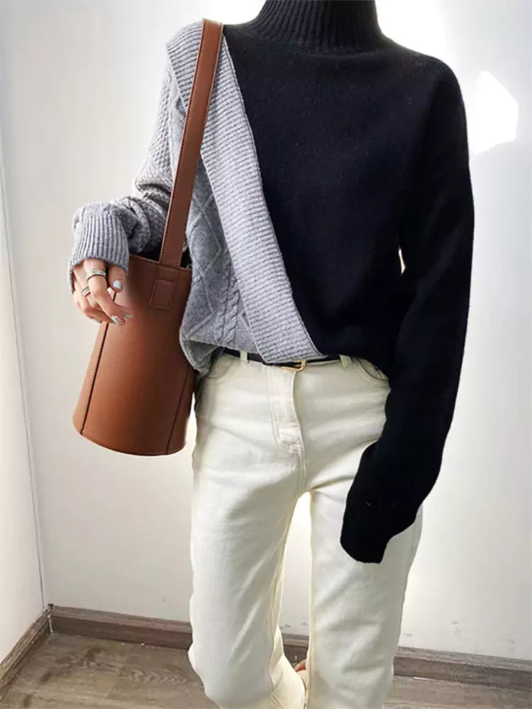 Color Block Patchwork Half Turtleneck Knit Sweater