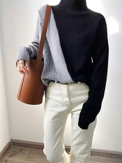 Suéter de punto de cuello alto medio con patchwork y bloques de color