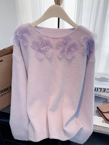 Suéter de punto floral con cuentas y lentejuelas