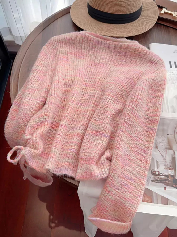 Sweet Floral Knit Cropped Cardigan with Drawstring Detail