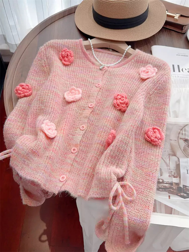 Sweet Floral Knit Cropped Cardigan with Drawstring Detail