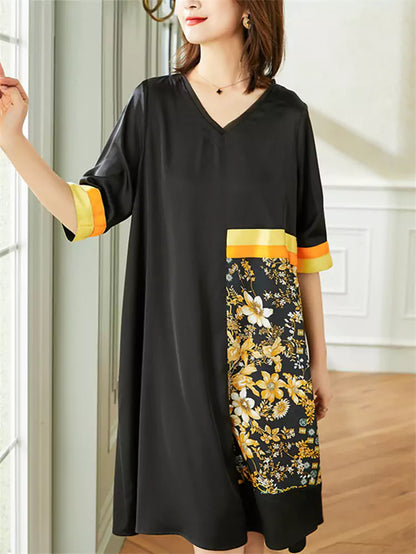 Elegantes Plus-Size-Kleid in A-Linie mit V-Ausschnitt, 3/4-Ärmeln, Satin-Print und Patchwork-Schnitt