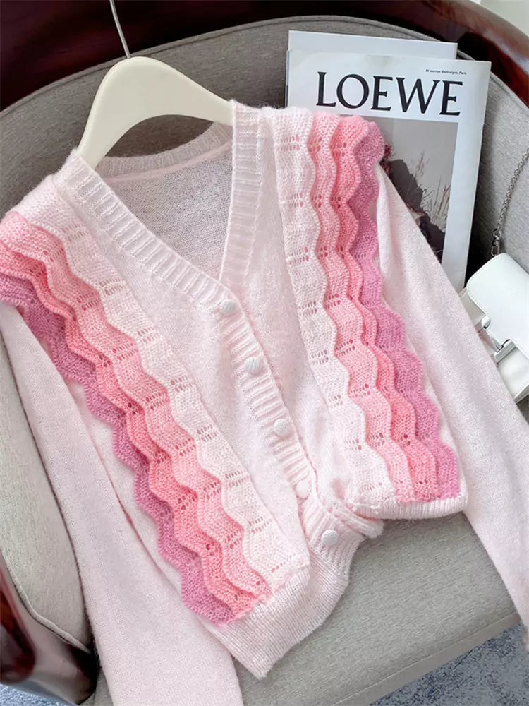 Stylish Soft Knit V-neck Cropped Cardigan with Contrast Trim and Ruffle Details