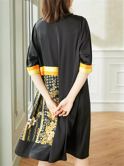 Elegantes Plus-Size-Kleid in A-Linie mit V-Ausschnitt, 3/4-Ärmeln, Satin-Print und Patchwork-Schnitt