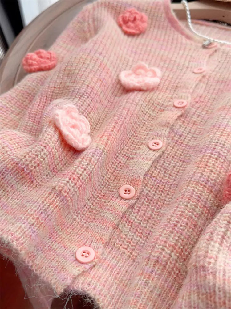 Sweet Floral Knit Cropped Cardigan with Drawstring Detail