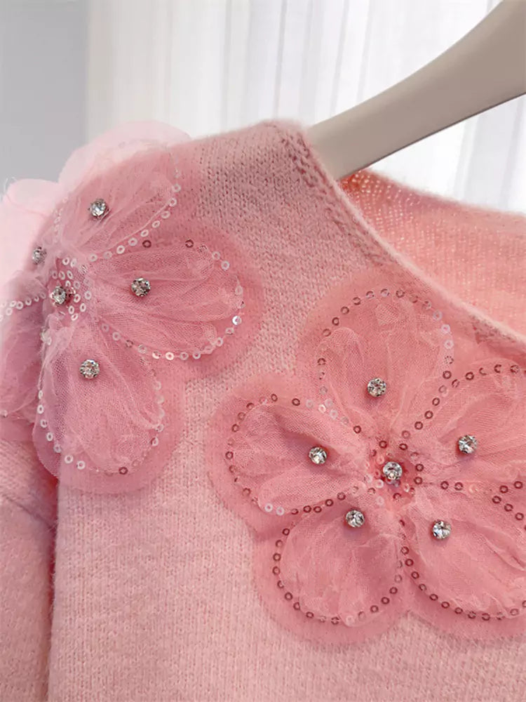 Sweet Beaded and Sequined Floral Knit Sweater