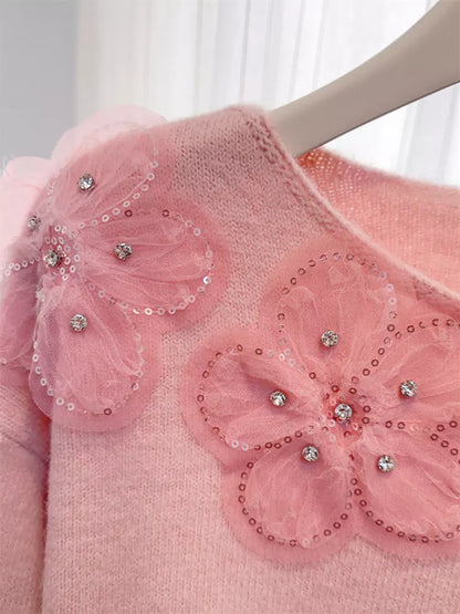 Suéter de punto floral con cuentas y lentejuelas