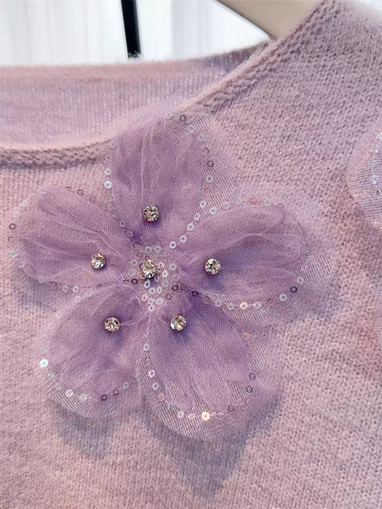 Sweet Beaded and Sequined Floral Knit Sweater