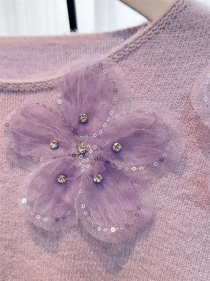 Suéter de punto floral con cuentas y lentejuelas