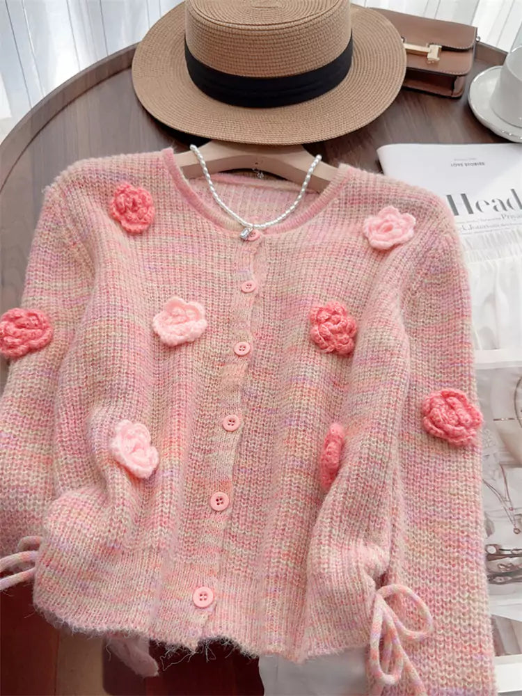 Sweet Floral Knit Cropped Cardigan with Drawstring Detail