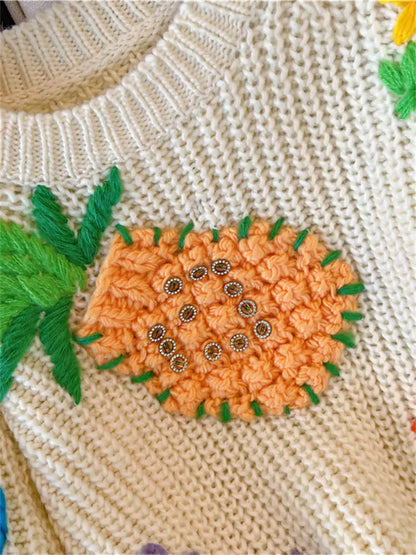 Suéter corto de punto con bordado de piña para mujer