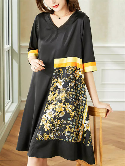 Elegantes Plus-Size-Kleid in A-Linie mit V-Ausschnitt, 3/4-Ärmeln, Satin-Print und Patchwork-Schnitt
