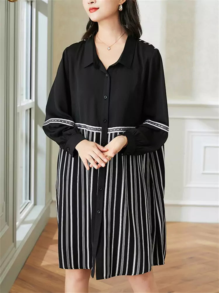 Fashionable Long Sleeve Midi Shirt Dress with Stripe Panel Design