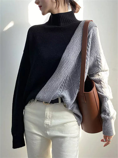 Suéter de punto de cuello alto medio con patchwork y bloques de color