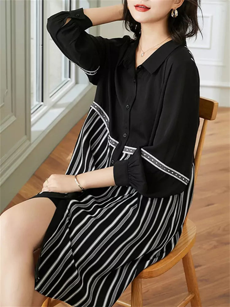 Fashionable Long Sleeve Midi Shirt Dress with Stripe Panel Design