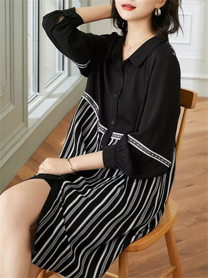 Modisches, langärmeliges Midi-Hemdkleid mit Streifenmuster