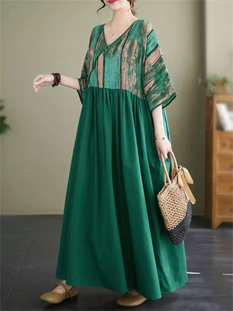 Vintage Print Patchwork Cotton Linen Dress with V-Neck