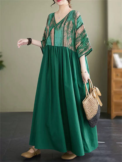 Vintage-Kleid aus Baumwoll-Leinen-Mischgewebe mit Patchwork-Print und V-Ausschnitt