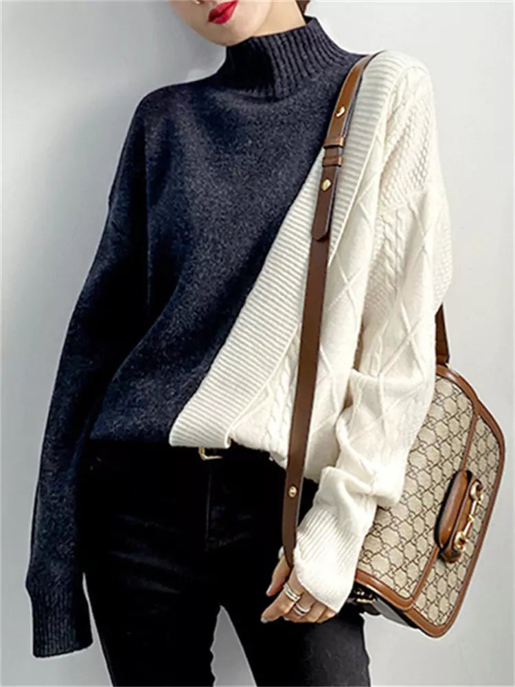 Color Block Patchwork Half Turtleneck Knit Sweater