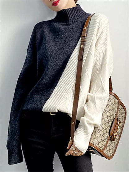 Suéter de punto de cuello alto medio con patchwork y bloques de color