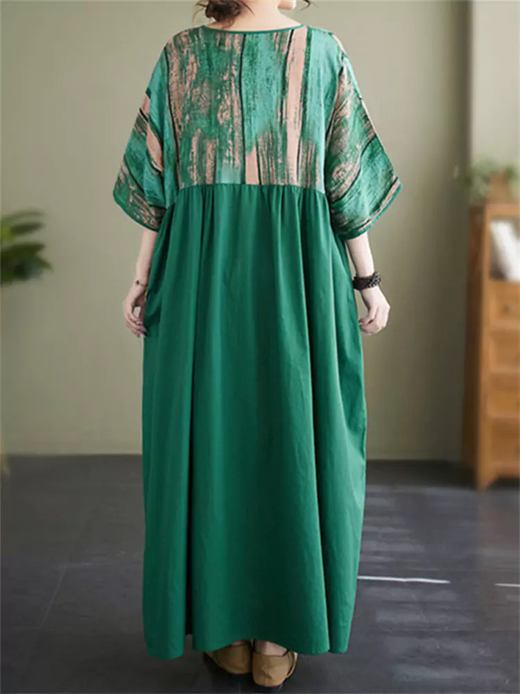 Vintage Print Patchwork Cotton Linen Dress with V-Neck