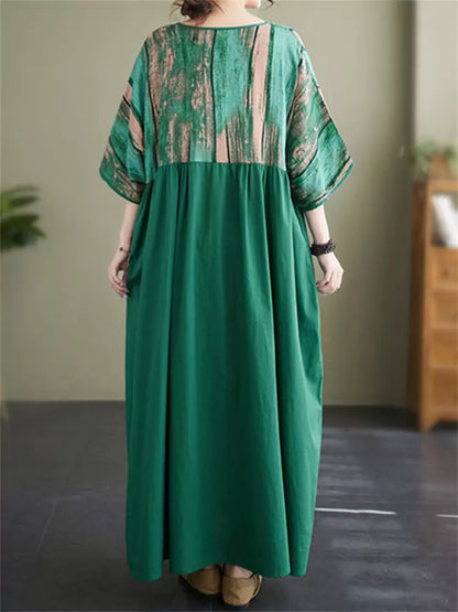 Vintage-Kleid aus Baumwoll-Leinen-Mischgewebe mit Patchwork-Print und V-Ausschnitt