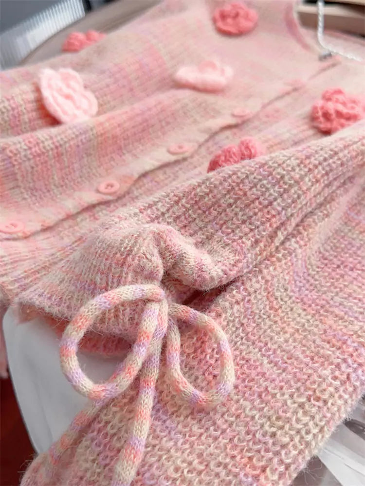 Sweet Floral Knit Cropped Cardigan with Drawstring Detail