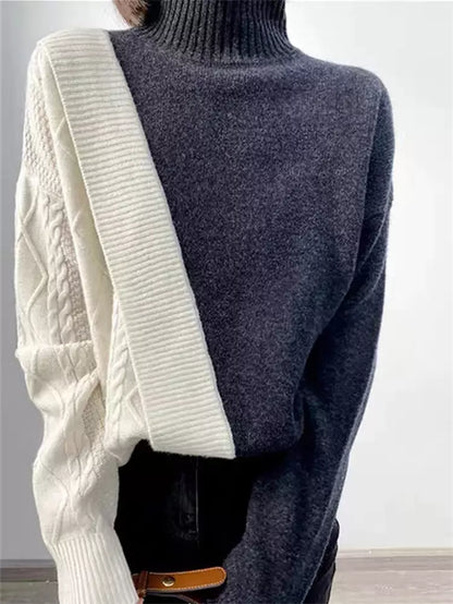 Suéter de punto de cuello alto medio con patchwork y bloques de color