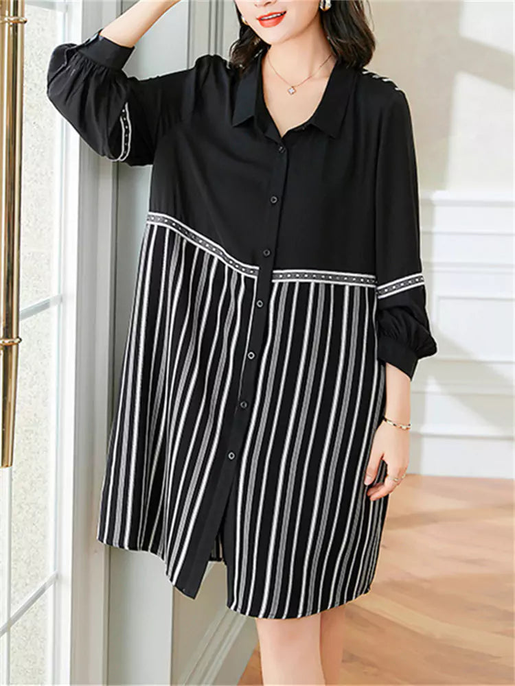 Fashionable Long Sleeve Midi Shirt Dress with Stripe Panel Design