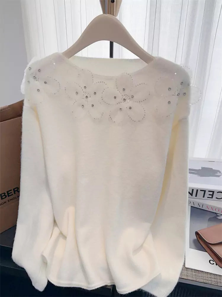 Sweet Beaded and Sequined Floral Knit Sweater