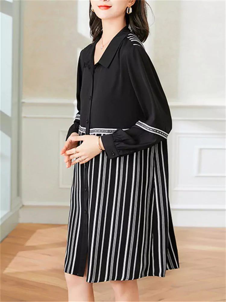 Fashionable Long Sleeve Midi Shirt Dress with Stripe Panel Design