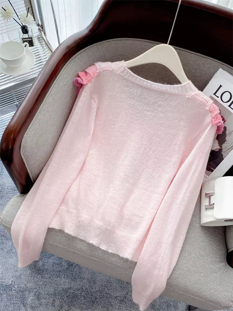 Stylish Soft Knit V-neck Cropped Cardigan with Contrast Trim and Ruffle Details