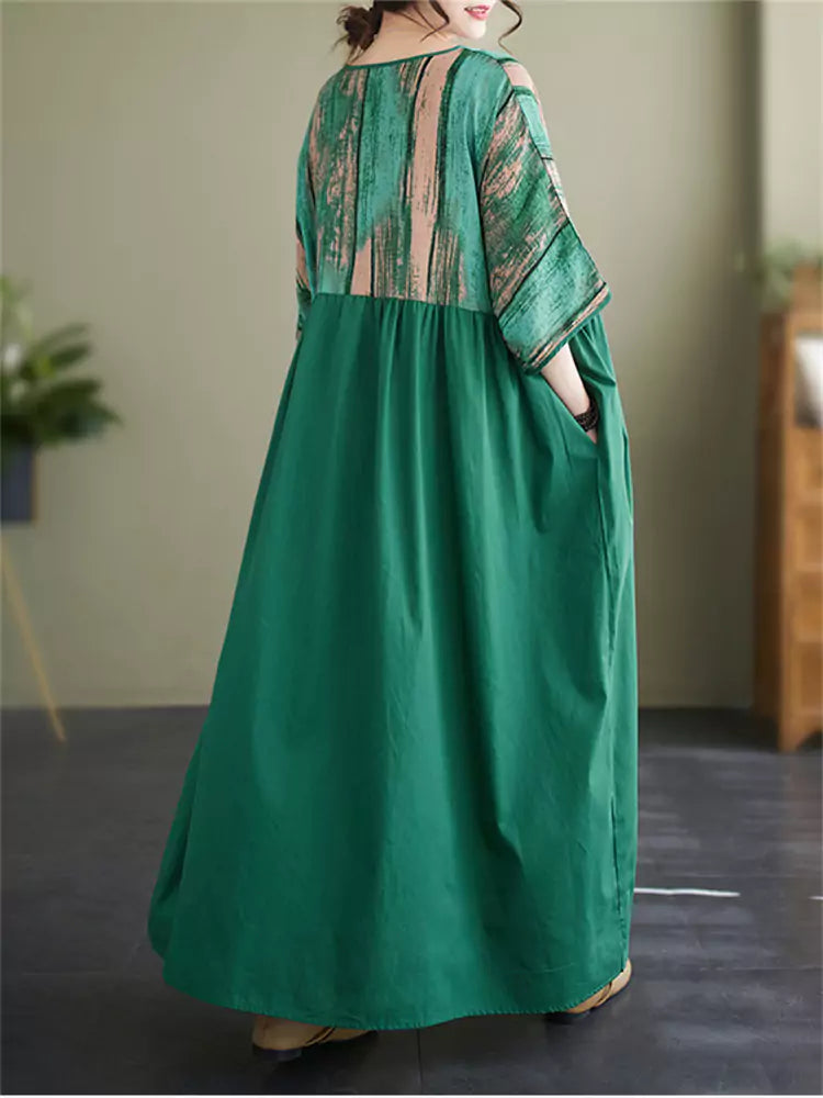 Vintage Print Patchwork Cotton Linen Dress with V-Neck