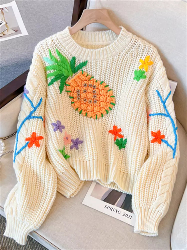 Schicker, bestickter, kurzer Strickpullover mit Ananas-Motiv für Damen