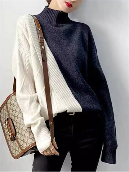 Suéter de punto de cuello alto medio con patchwork y bloques de color