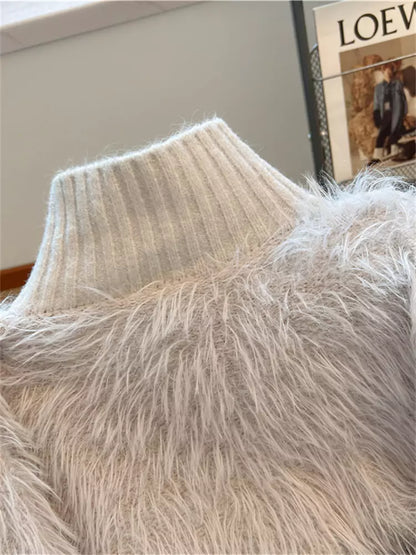 Cárdigan de punto con cuello alto y bloques de color elegantes con detalle de piel sintética de visón