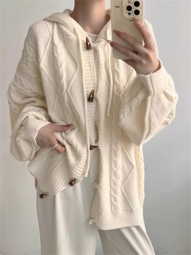 Vintage Off-White Cable Knit Hooded Cardigan Sweater Coat with Toggle Buttons