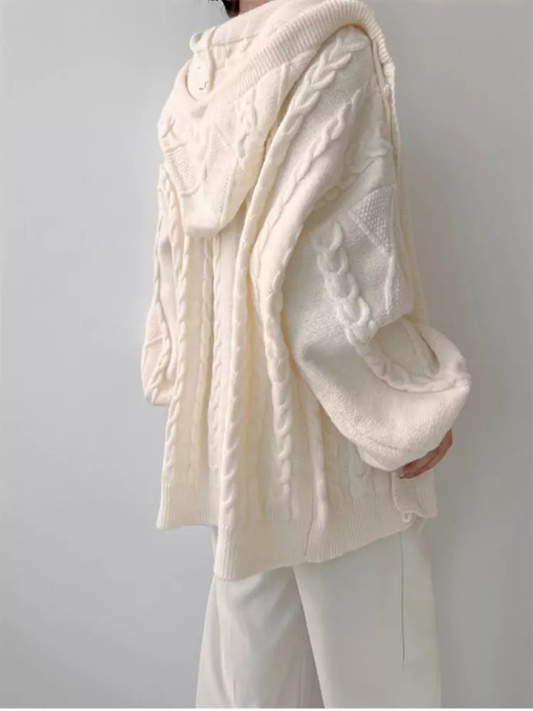 Vintage Off-White Cable Knit Hooded Cardigan Sweater Coat with Toggle Buttons