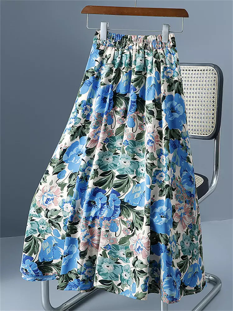 Oil Painting Floral Vintage High Waist Tie-Dye A-Line Skirt with Full Swing