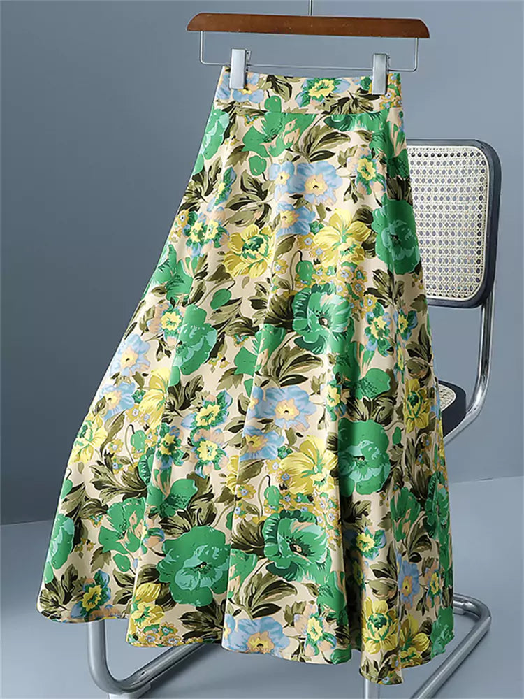 Oil Painting Floral Vintage High Waist Tie-Dye A-Line Skirt with Full Swing