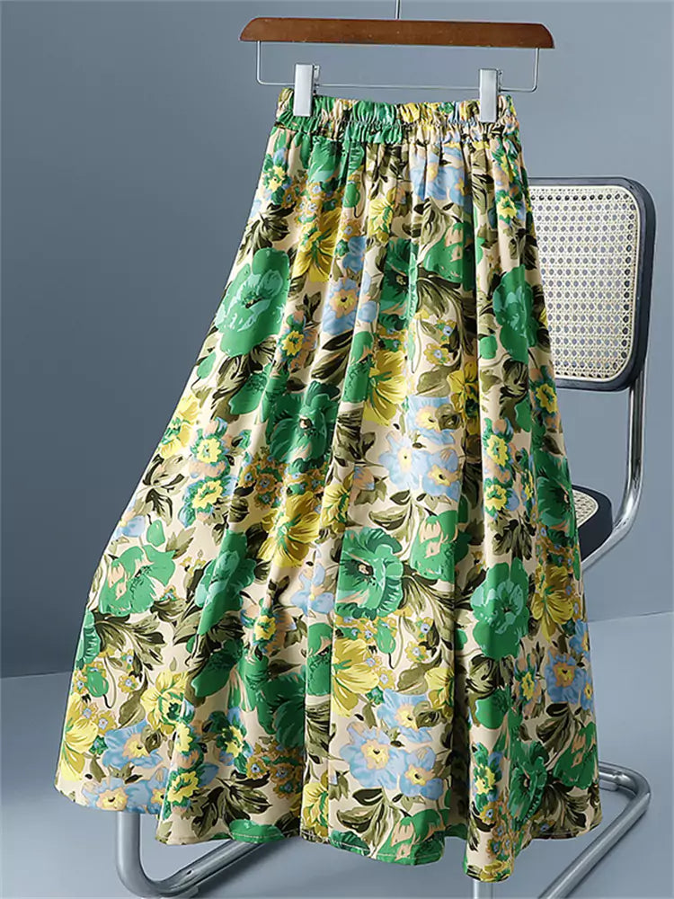 Oil Painting Floral Vintage High Waist Tie-Dye A-Line Skirt with Full Swing